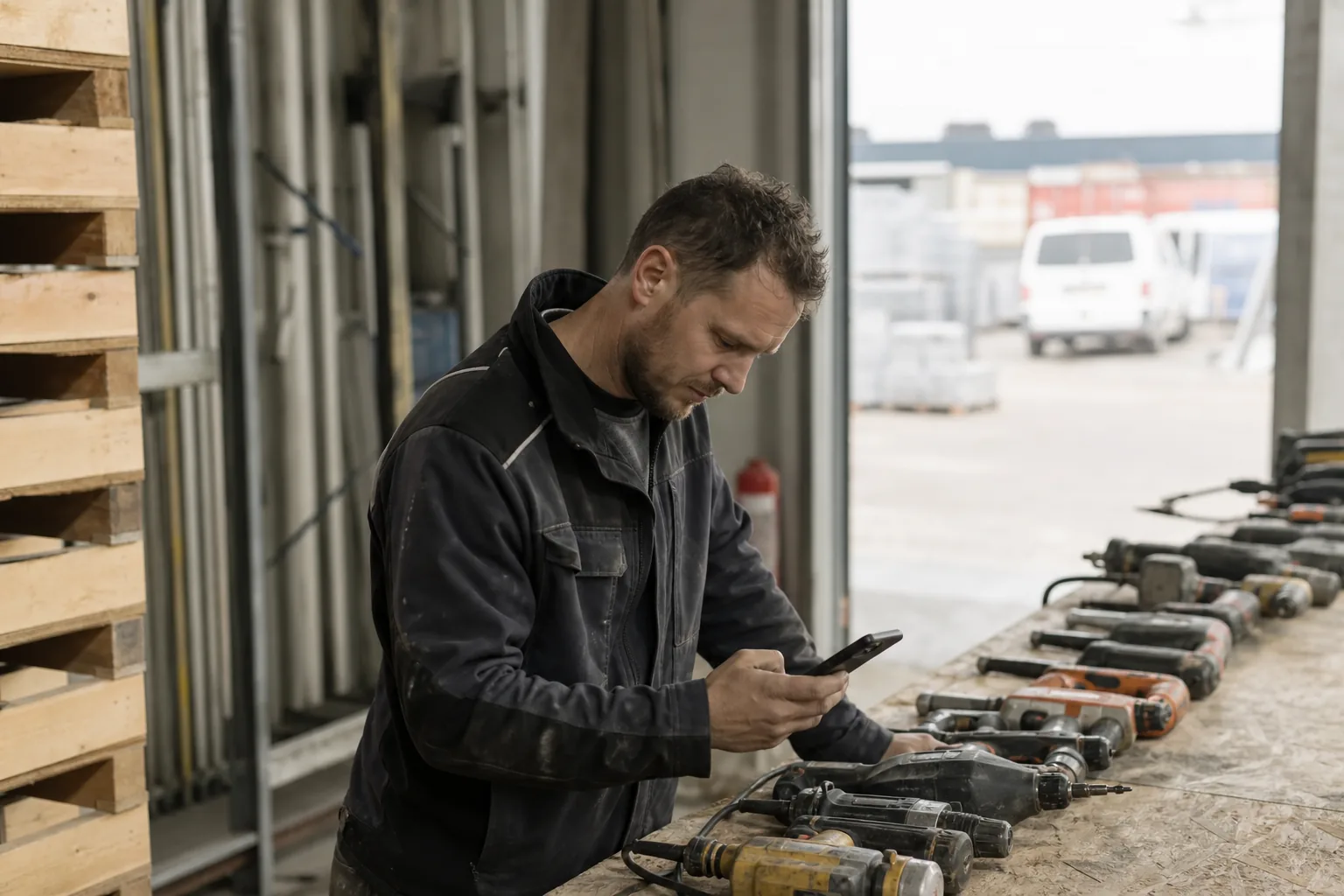 Werk op een Nederlandse bouwplaats. Beeld bij het artikel: Werkt een appgroep net zo goed als een echte materieelregistratie voor je gereedschap?