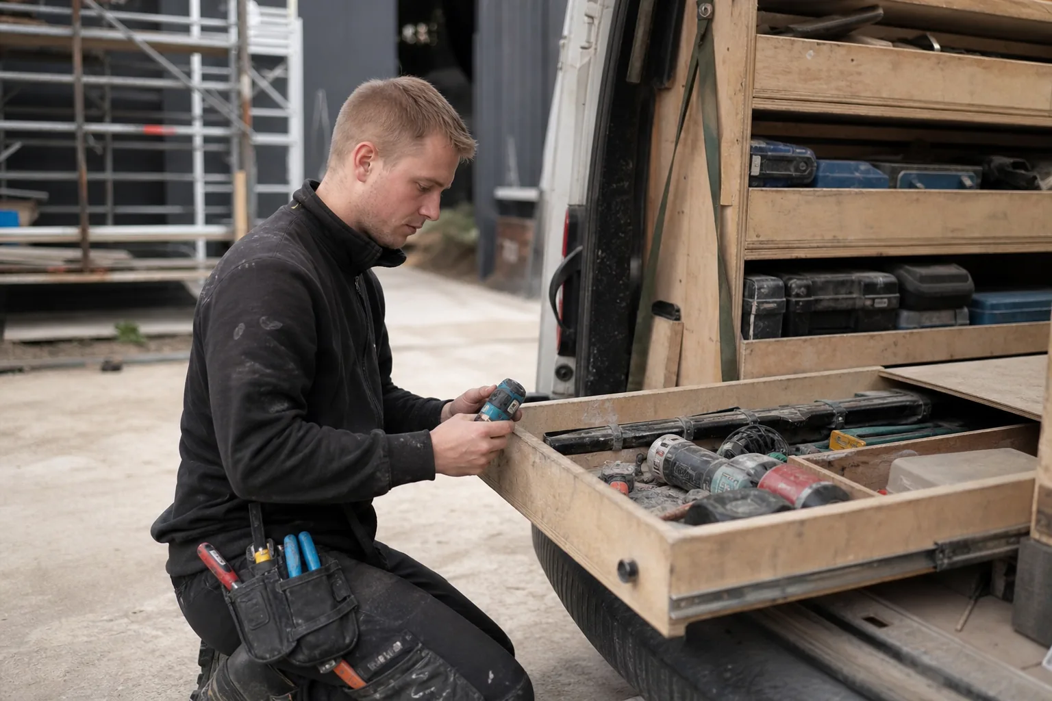 Werk op een Nederlandse bouwplaats. Beeld bij het artikel: Hoe hou je bij welk gereedschap in welke bus ligt en wie het meenam?