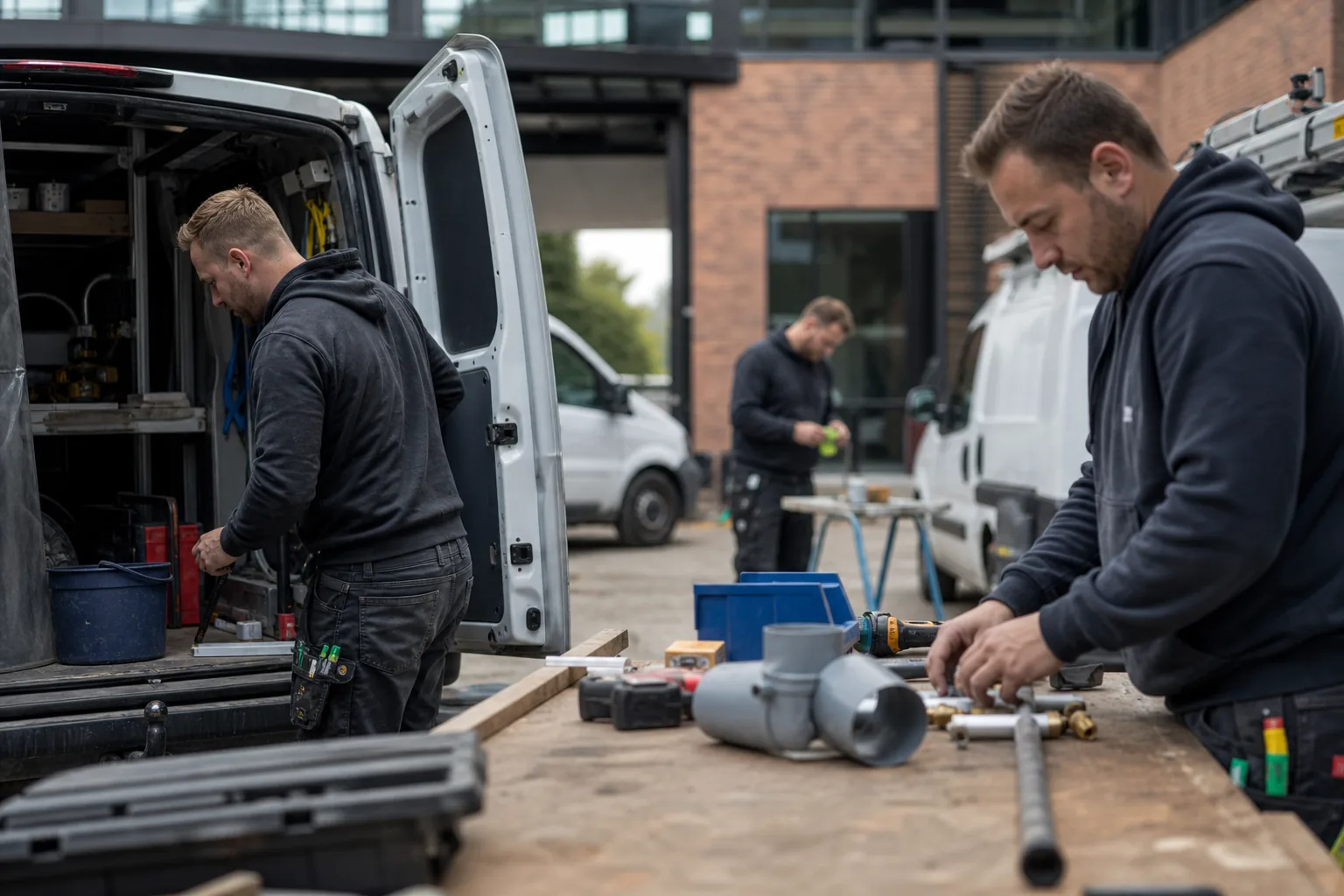 Werk op een Nederlandse bouwplaats. Beeld bij het artikel: Wat levert materieelregistratie op bij een installatiebedrijf met vier bussen en een werkplaats?