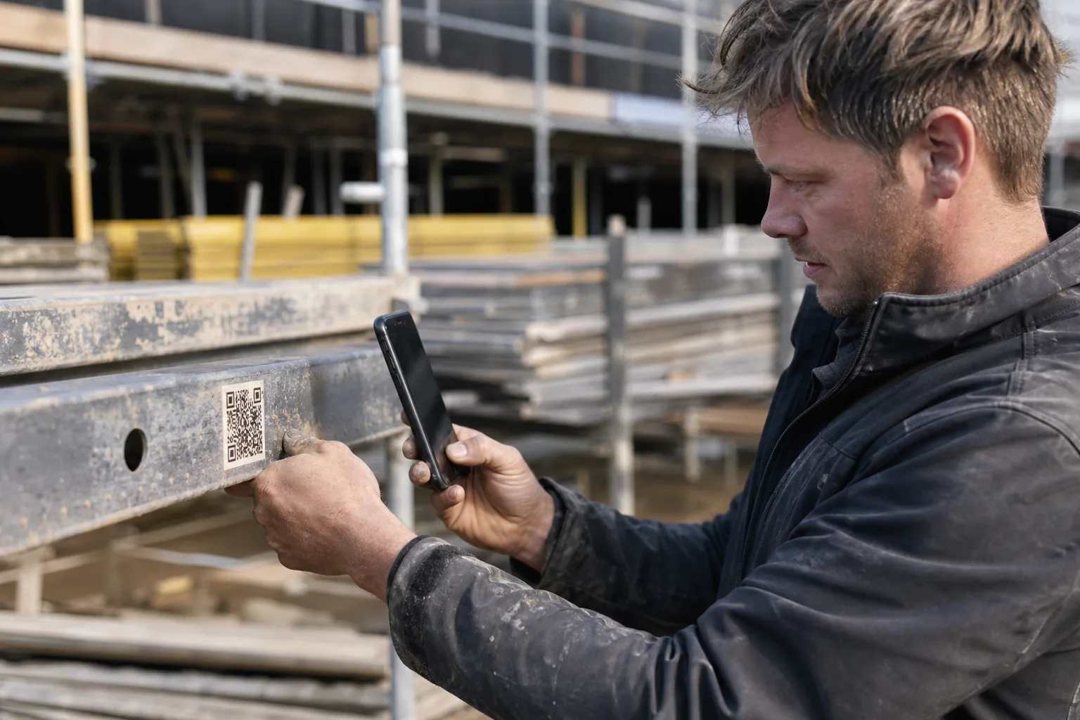 Werk op een Nederlandse bouwplaats. Beeld bij het artikel: Blijven QR-codes en streepjescodes op je materieel leesbaar en wat levert scannen op?